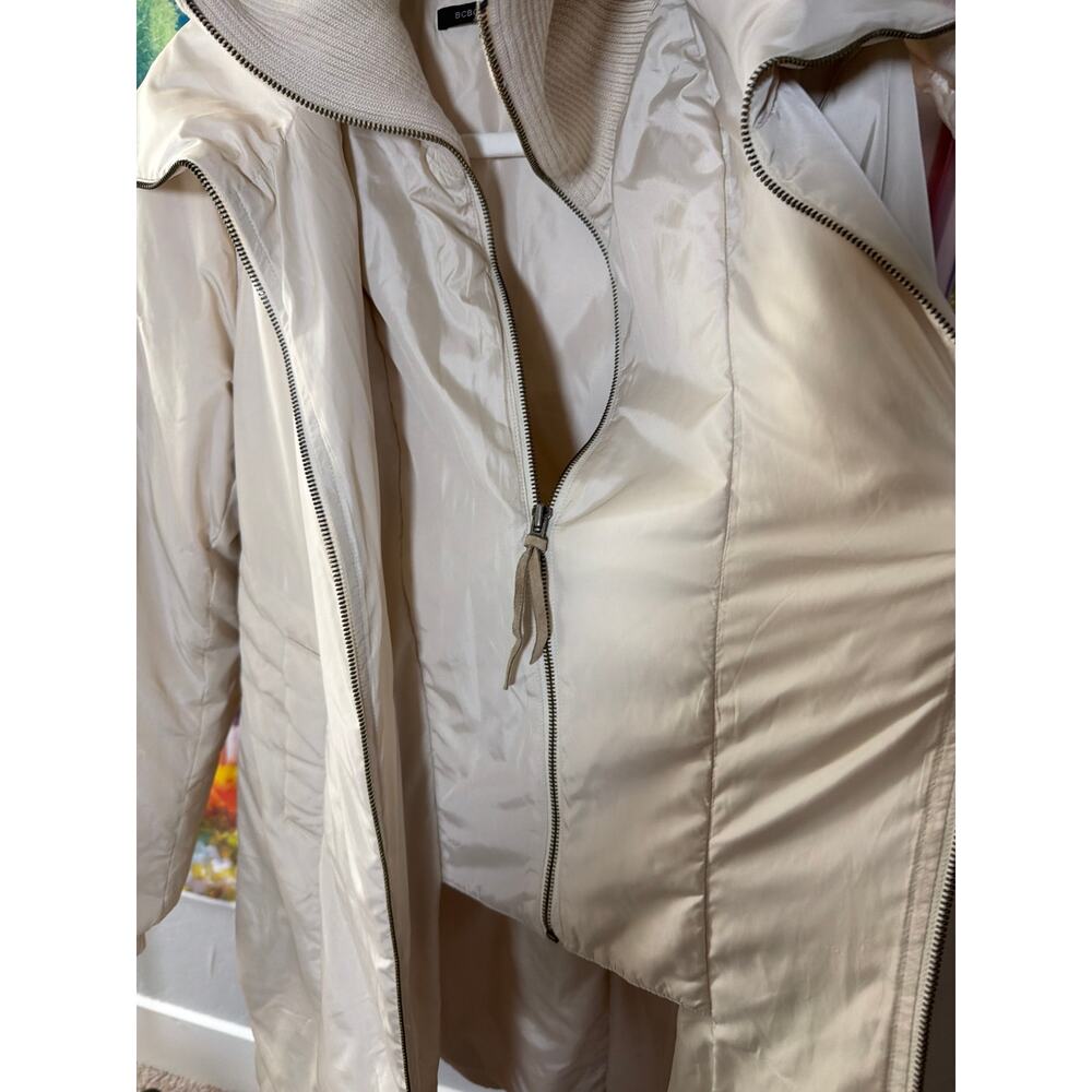 0199 BCBGMaxAzria Ivory Long Puffer Coat XS Knit Collar Zip - Picture 4 of 9